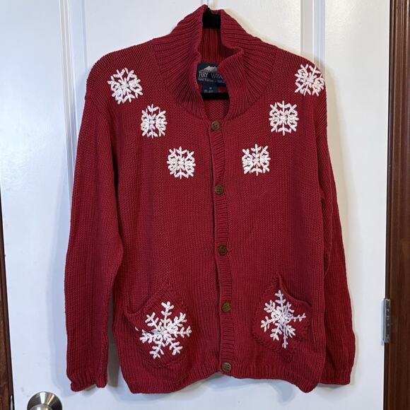 Ray Wear Christmas Sweater Cardigan Snowflake Hand Knit Women’s Sz M Cotton - Picture 1 of 12